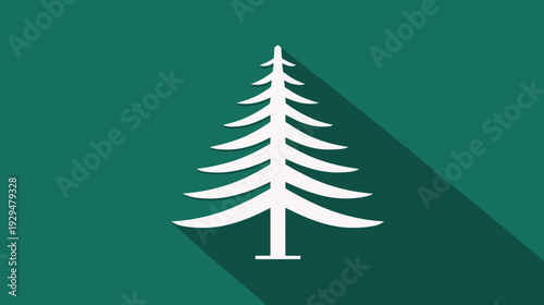 Minimalistic white evergreen tree on teal background with a long, flat shadow