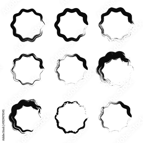 Black ink brush stroke wavy circle frames set, Hand drawn scalloped zen enso border collection, Grunge textured circular paint stroke design elements, Minimalist artistic ink wash round frame borders
