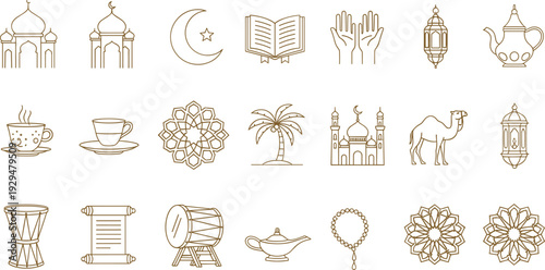 Islamic Culture Outline Icon Set with Mosque, Crescent Moon, Quran, Prayer Hands, Lantern, Camel, Tea Cup, Drum, and Arabic Symbols