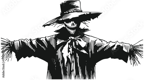 A monochrome illustration of a scarecrow with a creepy grin and outstretched arms