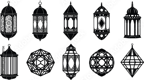 Islamic Lantern Silhouette Vector Set with Ornamental Arabic Fanous Designs, Geometric Patterns, Hanging Ramadan Lights, and Decorative Black Icons