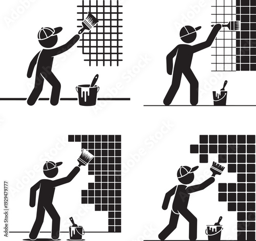 Set of 4 black and white painter stick figures painting a wall vector