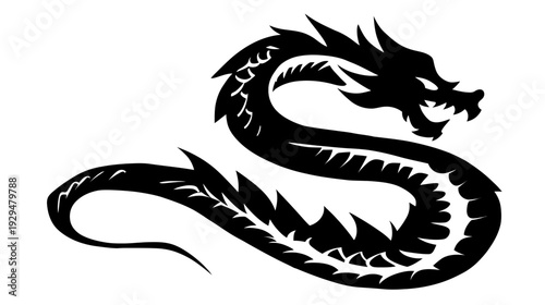 Stylized black silhouette of an angry dragon with spiky details on a white background