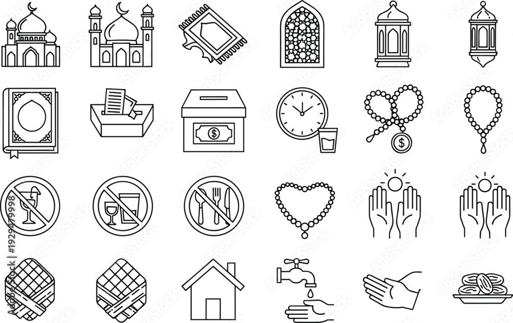 Fototapeta premium PrintIslamic Ramadan Outline Icon Set with Mosque, Prayer Hands, Quran, Lantern, Donation Box, Tasbih, Crescent Moon, and Fasting Symbols