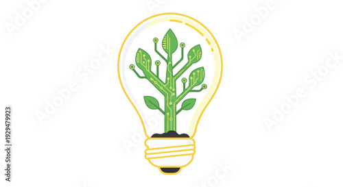 Green Technology and Sustainable Energy Concept Illustration of Light Bulb with Circuit Board Plant