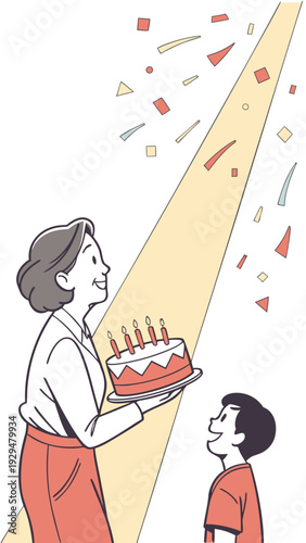 Asian grandmother presenting birthday cake to happy grandson  