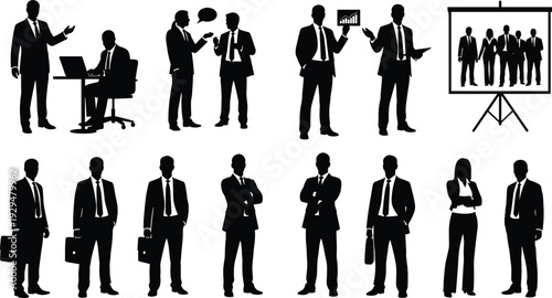 Professional business silhouettes set featuring corporate people in suits presenting data, working at desks, collaborating in meetings, and standing with briefcases for office concepts