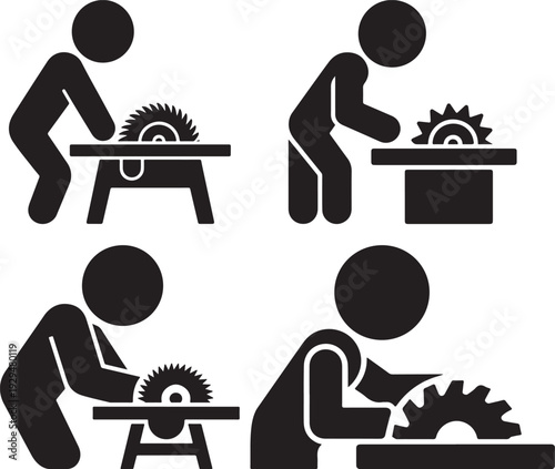 Set of 4 black table saw worker icons vector