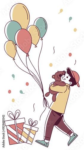 Young boy celebrating birthday while holding balloons and teddy bear  