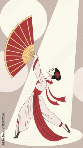 Woman performing traditional Chinese fan dance in elegant dress  
