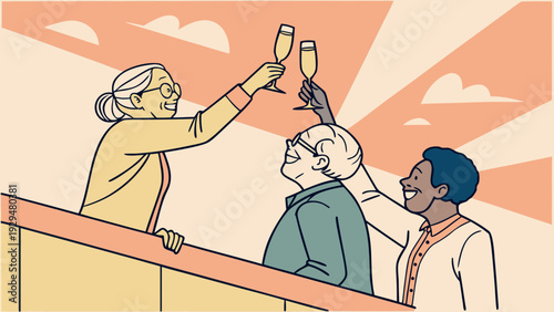 Elderly friends toasting with champagne outdoors in cheerful atmosphere  