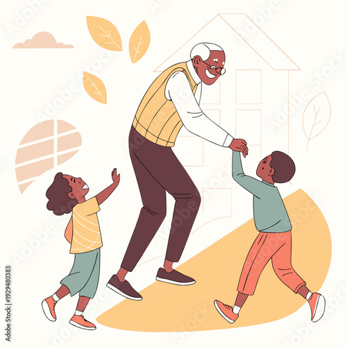 Elderly man playing with grandchildren in a sunny outdoor setting  