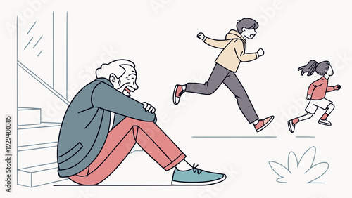 Elderly man sitting on steps and watching children play outside  