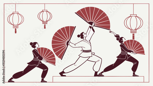 Chinese fan dance performance with dancers in traditional attire  