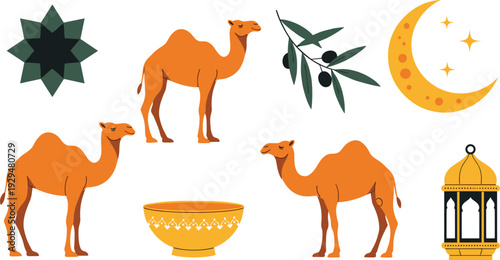 Middle Eastern Culture Vector Set with Camels, Crescent Moon, Arabic Lantern, Olive Branch, Islamic Star Pattern, and Traditional Bowl Illustration