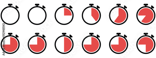 Stopwatch timer countdown icons set, includes vector illustrations of stopwatches, countdown timers, and clock symbols for time tracking, sports, productivity, and digital projects.