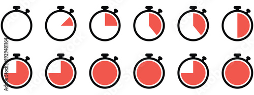 Timer and stopwatch vector set, countdown and clock icons for scheduling, time monitoring, fitness, sports, and productivity illustration or app projects.