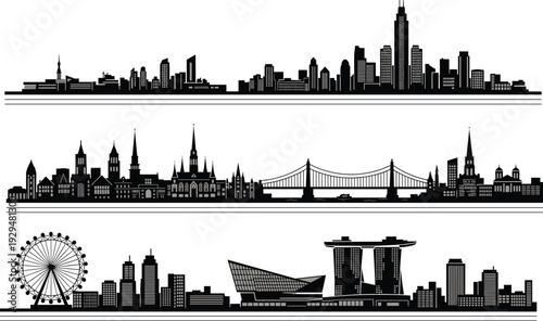 Black and white silhouette illustration of global city skylines featuring Chicago, European architecture, and Singapore landmarks, cultural diversity, iconic buildings, urban landscape artwork concept