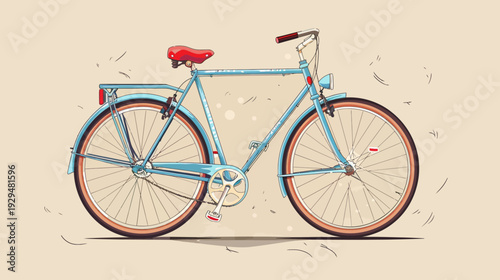 Stylized light blue bicycle with brown accents and red seat on beige backdrop