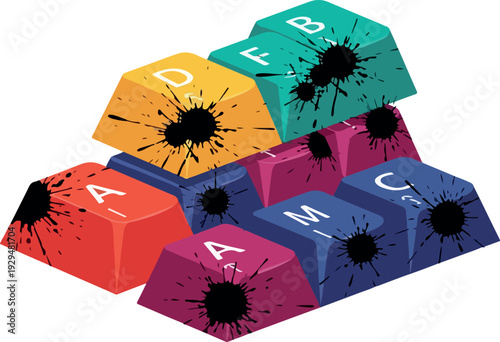 Colorful 3D Alphabet Blocks with Ink Splatters on a White Background, Graphic Illustration