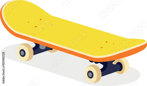 Bright yellow skateboard with orange trim on a white background