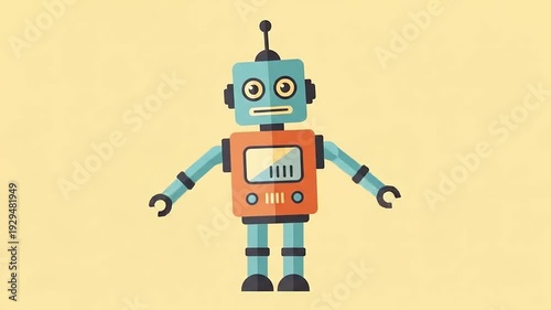 Robot Character Animation on Yellow Background.