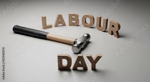 A hammer resting beside wooden blocks spelling out labour day celebration