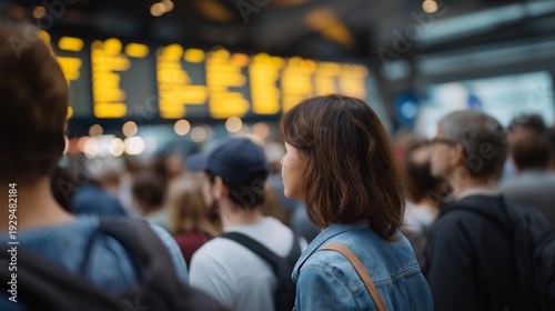 Airline passengers waiting in crowded airport terminal with delayed flight information on departure boards, perfect for travel delay concept, flight disruption, transportation bottleneck, passenger