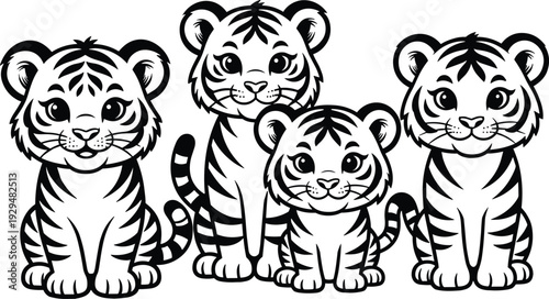 Cute cartoon vector illustration of four tiger cubs sitting side by side, black and white artwork for coloring pages, children’s educational design