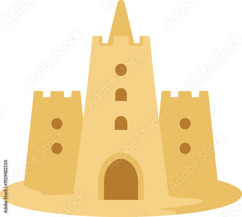 Whimsical sandcastle with turrets and archway on a flat surface