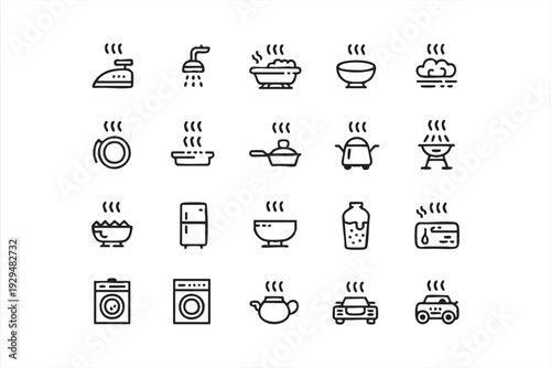 Minimal Home Steam Icons Collection with Cooking and Cleaning Symbols