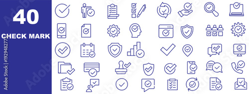 Checkmark and Approved web icon set in line style. Checklist, accepted, stamp, accept, agree, quality control, collection. Editable stroke. Vector illustration.