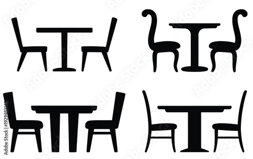 Table chair furniture icon set, includes vector illustrations of tables, chairs, and seating furniture for interior design, home, office, and digital projects.
