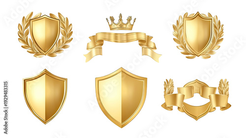 A collection of golden shields and crowns on a black background