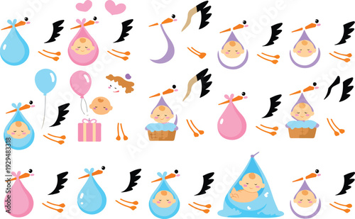Cute Stork Carrying Baby Illustration Set with Flying Birds Newborn Bundles Balloons Gifts and Sweet Characters