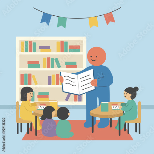 A friendly, round-headed figure reads a book to a diverse group of children seated at tables and on a rug in a colorful classroom or library.