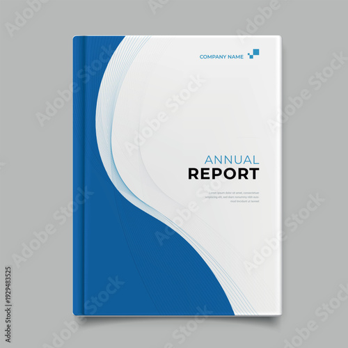 A modern annual report cover design mockup features a sleek blue wave pattern and delicate thin lines on a clean white background, providing an elegant and professional look perfect for corporate pres