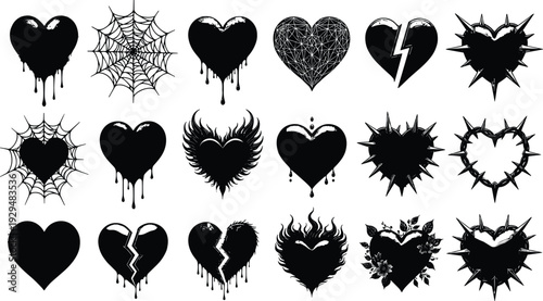 Gothic Heart Silhouette Set with Broken, Dripping, Spiked and Web Designs Black Tattoo Style Collection