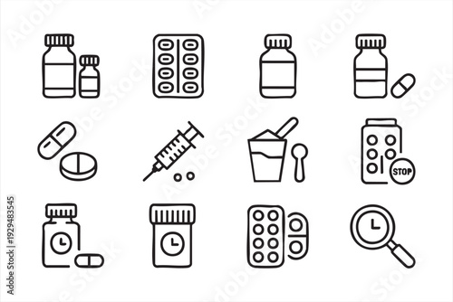 Minimalist Healthcare Vector Icon Set for Medication and Therapy Concepts