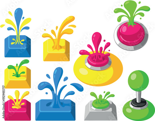 Colorful joystick buttons with splashing liquids on a white background, viewed from directly above, showcasing various vibrant colors and dynamic splashes