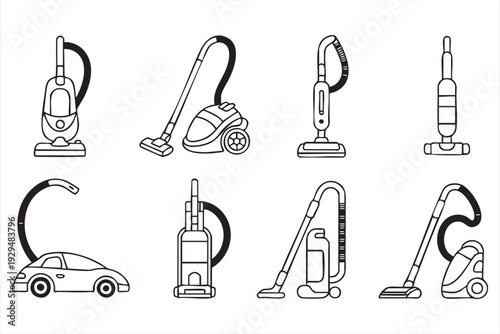 Home Cleaning Appliance Line Art Icons Featuring Upright and Canister Models