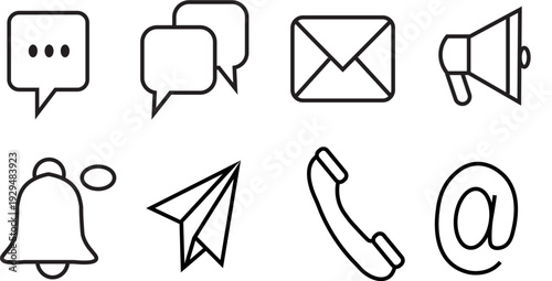 Minimal outline mobile communication icons set including message chat bubble, email envelope, megaphone, notification bell, paper plane send icon, phone call and at symbol. Modern thin line vector ico