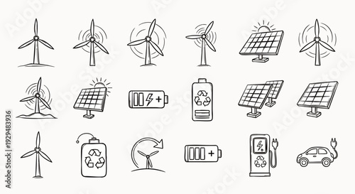 Eco-friendly hand-drawn doodle icons set representing renewable energy, sustainable technology, wind turbines, solar panels, electric cars, and batteries.