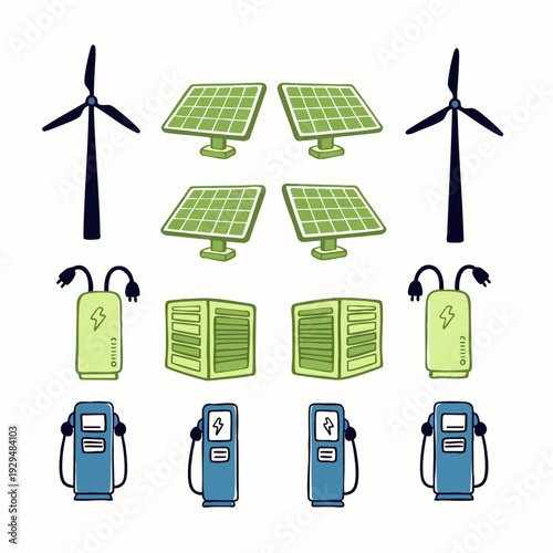 Sustainable Energy and Electric Vehicle Infrastructure Vector Set: Wind Turbines, Solar Panels, Battery Storage, and EV Charging Stations Icons