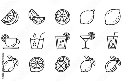 Lemon Citrus Drink Line Art Icon Set for Beverage and Juice Design