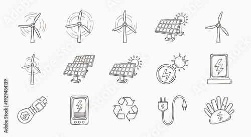 Hand-drawn doodle icons: renewable energy, solar panels, wind turbines, recycling, and sustainable eco-friendly technology concepts.