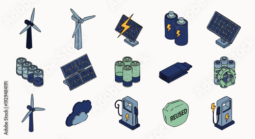 Set of isometric icons representing renewable energy sources and storage, including wind turbines, solar panels, batteries, and charging stations
