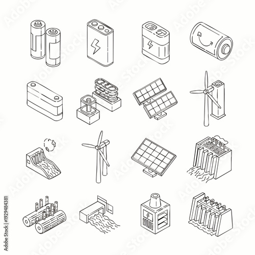 Set of isometric icons representing renewable and alternative energy sources and storage, hand-drawn style