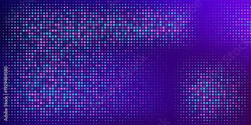 Purple abstract pixel texture bg video screen. Tv pattern background with square noise effect. Futuristic broadcast neon gradient banner for television. Modern vhs led static display element