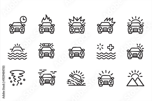Minimal Vehicle Hazard and Weather Outline Icons for Road Safety Graphics